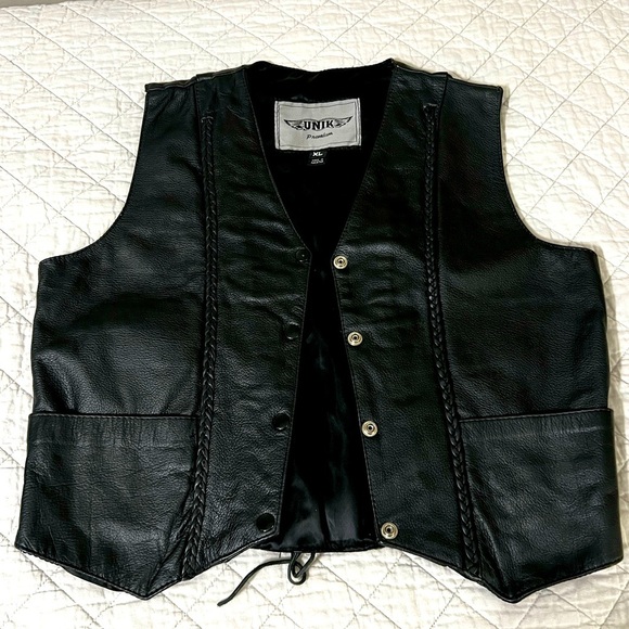 Men's Vintage XL Unik Lined Black Leather Chopper Vest EUC - Picture 1 of 8
